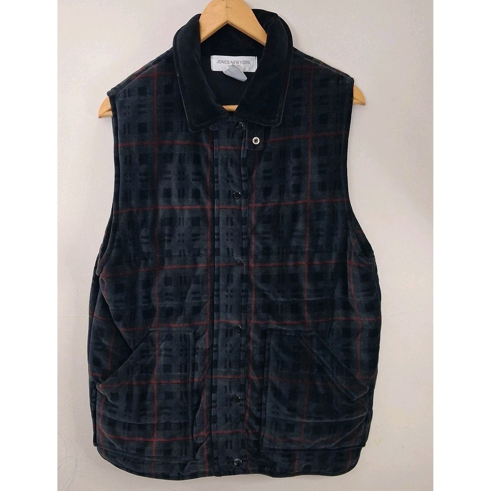 Jones New York Sport Womens Cotton Polyester Velvet Plaid Zip Up‎ Vest Pockets